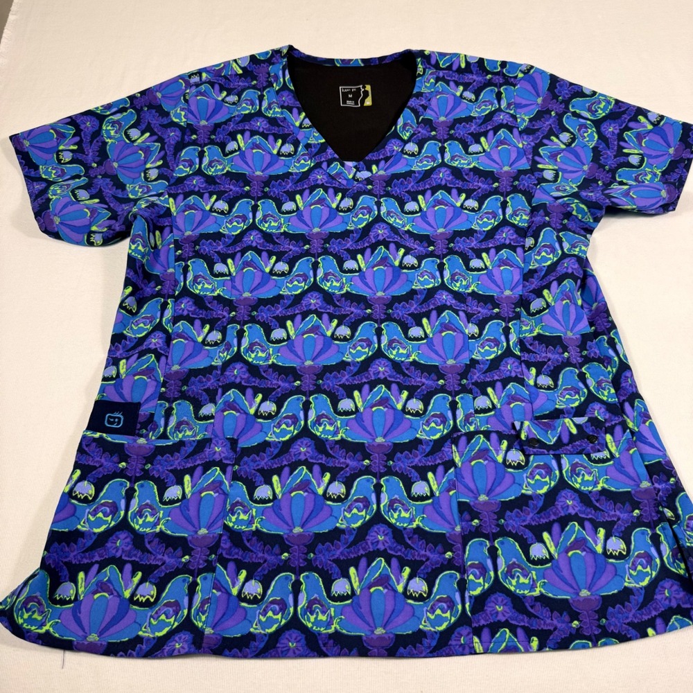 Easy Fit Scrub Top M Purple Blue Psychedelic Bird Floral V-Neck Pocket